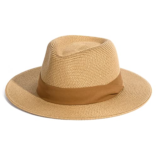 FURTALK Womens Mens Wide Brim Straw Panama Hat Fedora Summer Beach Sun Hat UPF Straw Hat for Women Khaki-Brown