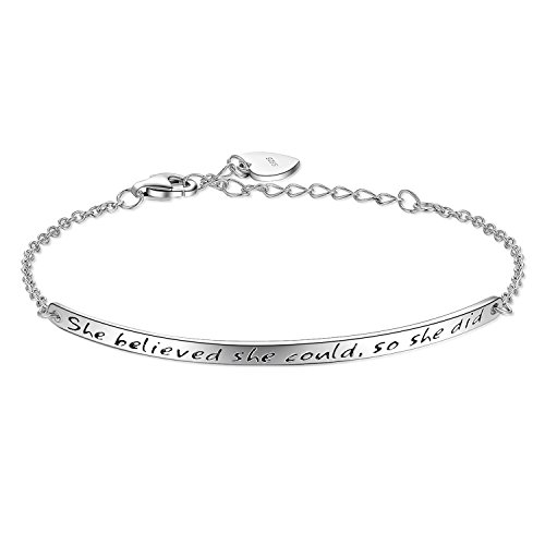 Graduation Gifts 925 Sterling Silver Women Engraved Inspirational Adjustable Bracelet “She Believed She Could So She Did” Friendship Gift (A-silver)