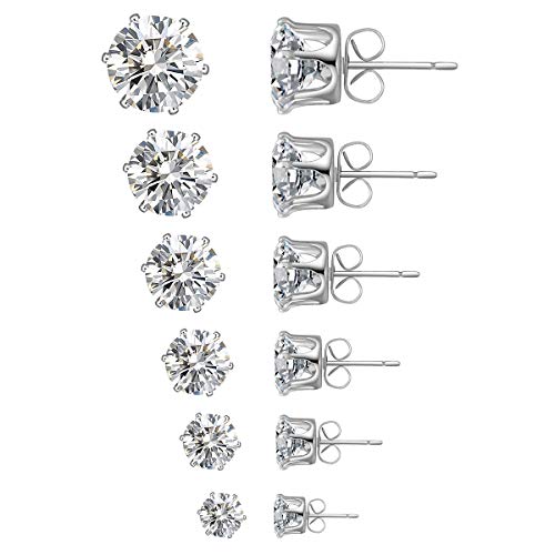 6 Pairs Stud Earrings Set,Clear Cubic Zirconia 316L Stainless Steel Earrings for Women for Men 3-8mm White Gold