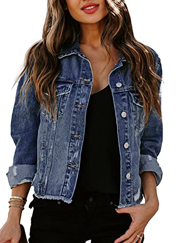 Sidefeel Women's Long Sleeve Denim Jacket Distressed Ripped Jean Coat Blue Medium