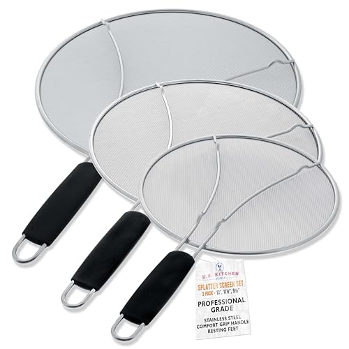 U.S. Kitchen Supply 13', 11.5', 9.5' Stainless Steel Fine Mesh Splatter Screen with Resting Feet Set, Black Comfort Grip Handles - Use on Boiling Pots, Frying Pans - Grease Oil Guard, Safe Cooking Lid