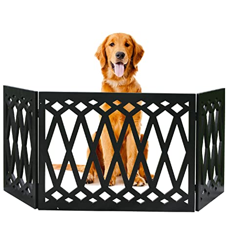Etna 3-Panel Diamond Design Wood Pet Gate - Decorative Black Tri Fold Dog Fence for Doorways, Stairs - Indoor/Outdoor Pet Barrier - 24-48 Inches Wide x 19 Inches Tall