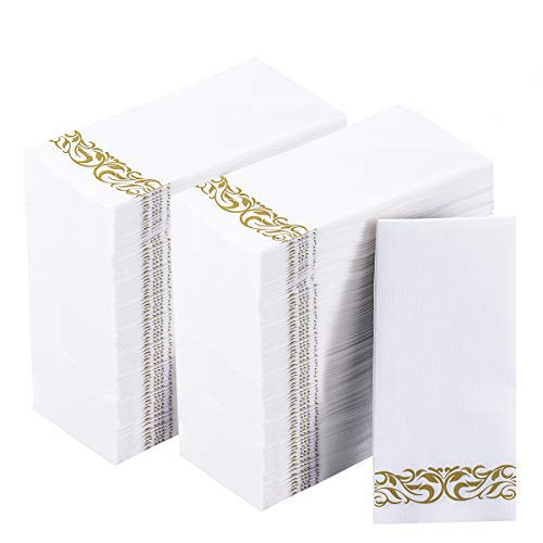 200 Disposable Hand Towels Soft and Absorbent Linen Feel Paper Hand Towels Durable Decorative Bathroom Hand Napkins Good for Kitchen, Parties, Weddings, Dinners or Events White and Gold