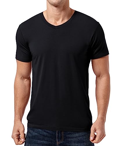 QUALFORT Men's Bamboo V Neck Soft T-Shirt Black Medium