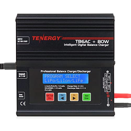 Tenergy TB6AC+80W Balance Charger Discharger, 1S-6S Intelligent Digital Battery Pack Charger for NiMH/NiCd/Li-Po/Li-Fe Packs, LCD RC Battery Charger w/Tamiya/JST/EC3/HiTec/Deans Connectors