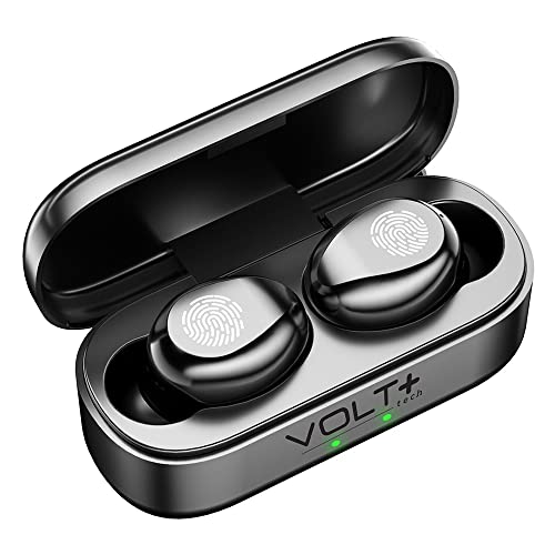Volt Plus TECH Slim Travel Wireless V5.1 Earbuds Compatible with Your Visual Land Prestige Elite 10QL Updated Micro Thin Case with Quad Mic 8D Bass IPX7 Waterproof/Sweatproof (Black)