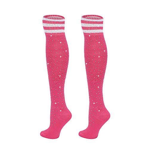 ANNTXL Woman's Rhinestone Over Knee High Socks Stripe Knit Cotton Stockings Leg Warmers for Christmas Valentines day Events (Pink White Stripe)