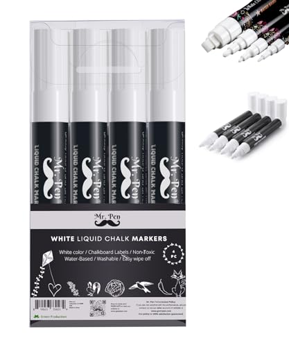 Mr. Pen- White Chalk Markers, 4 Pack, Dual Tip, 8 Assorted Colors, For Non-Porous Surfaces, Reversible Chisel and Bullet Tip