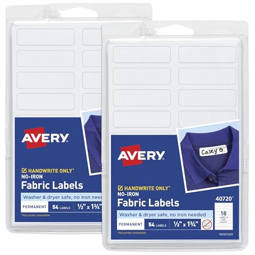 Avery No-Iron Fabric Labels, 1/2' x 1-3/4', Washer and Dryer Safe, White, Non-Printable, 54 Labels Per Pack, 2-Pack, 108 Blank Labels Total (32130)