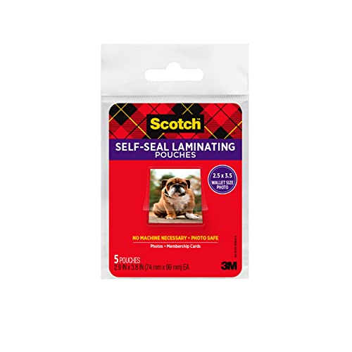 Scotch Self-Sealing Laminating Pouches, Wallet Photo Size, Glossy Finish, 2 1/2 in. x 3 1/2 in., 5 Pouches