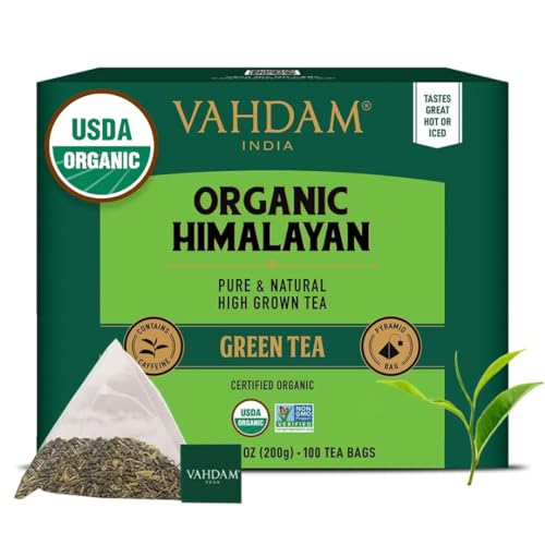 VAHDAM, Organic Green Tea Leaves From Himalayas (100 Green Tea Bags) Plant-Based Whole Loose-Leaf Tea Bags | High Grown | USDA Organic, Non GMO, Gluten Free | Resealable Ziplock Pouch