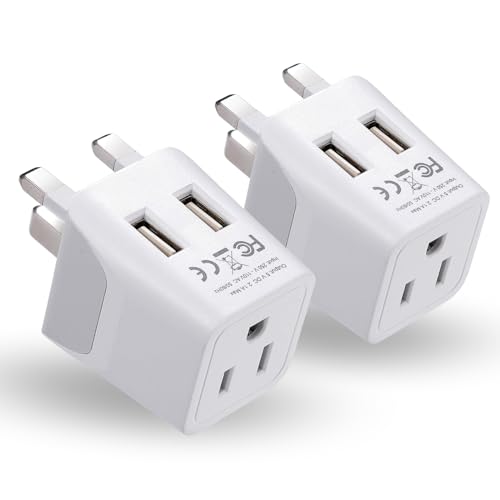 Ceptics UK, Hong Kong, CTU-7-2PK Ireland Travel Adapter Plug with Dual USB - Type G - London - USA Input - Light Weight - Perfect for Cell Phones, Chargers, Cameras and More - 2 Pack