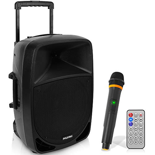 Pyle 1200W Portable Bluetooth PA Speaker - 12’’ Subwoofer, LED Battery Indicator Lights W/Built-In Rechargeable Battery, MP3/USB/SD Card Reader, and UHF Wireless Microphone - Pyle PSBT125A,Black