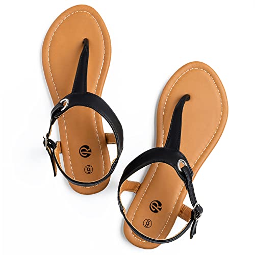 Rekayla Flat Thong Sandals with T-Strap and Adjustable Ankle Buckle for Women BLACK 105