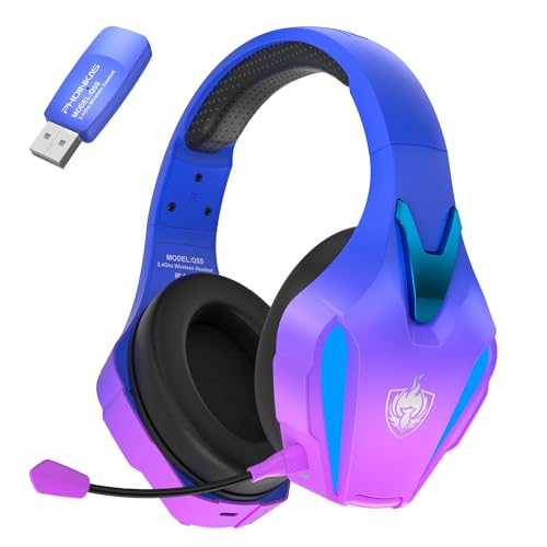 PHOINIKAS Wireless Gaming Headset for PS4 PS5 PC Switch, Wireless 2.4GHz Gaming Headphones with Detachable Noise Canceling Mic, 7.1 Stereo Sound, Only 3.5mm Wired Mode for Xbox Seires - Violet