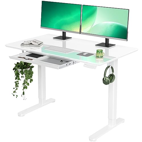 INNOVAR Glass Standing Desk with Drawers, 48×24 Inch Adjustable Stand Up Desk Quick Install Home Office Computer Desk, White