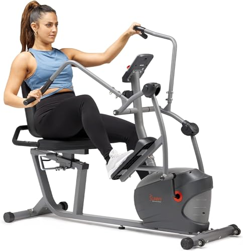 Sunny Health & Fitness Performance Recumbent Cross Trainer & Elliptical Bike with Dual Motion Arm Exercisers, Easy Access Seat & Exclusive SunnyFit App Enhanced Bluetooth Connectivity - SF-RBE420035