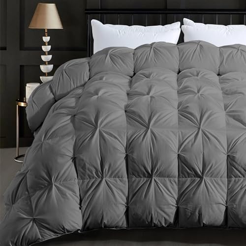 ELNIDO QUEEN Feather Down Comforter Queen Size Duvet Insert, Luxurious Fluffy Hotel Grey Pinch Pleat Bedding Comforter - Ultra Soft All Season 100% Cotton Shell, Queen 90x90 Inch