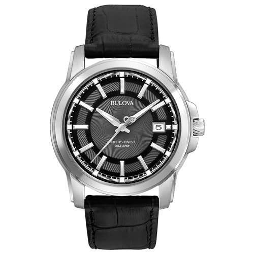 Bulova Men's Precisionist 3-Hand Calendar in Stainless Steel with Black Leather Strap and Black Patterned Dial Style: 96B158