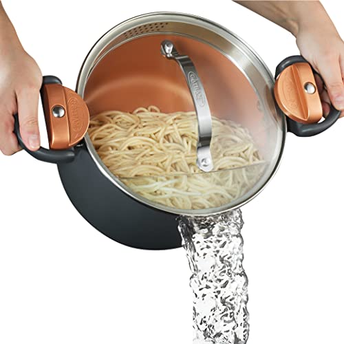 Gotham Steel 5 Quart Stock Pot Multipurpose Pasta Pot with Strainer Lid & Twist and Lock Handles, Nonstick Ceramic Surface Makes for Effortless Cleanup with Tempered Glass Lid, Dishwasher Safe