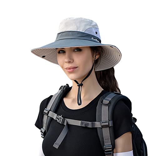 NPQQUAN Ponytail Sun Hat for Women 3” Wide Brim UPF 50+ Bucket Fishing Beach Hats Beige/Grey