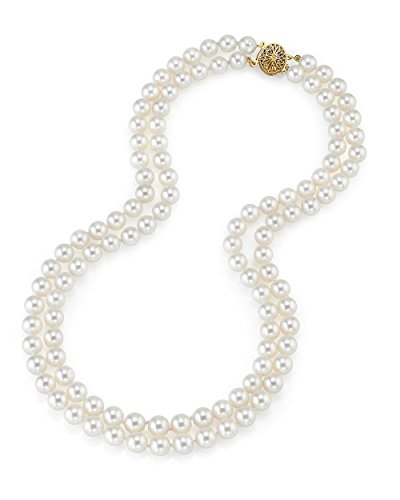 The Pearl Source 14K Gold 8.0-8.5mm AAA Quality Round Genuine White Double Japanese Akoya Saltwater Cultured Pearl Necklace in 16-17' Length for Women