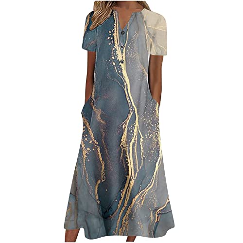 ODEUIAOD Office Dress for Women for Work Teacher Outfits for Women Womens Summer Dresses 2023 Casual Floral Print Boho Beach Sundress V-Neck Button Down Loose Midi Dress with Pockets（3X-Large,Navy