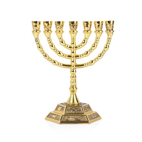 12 Tribes of Israel Menorah, Jerusalem Temple 7 Branch Jewish Candle Holder (5 Inches, Gold)