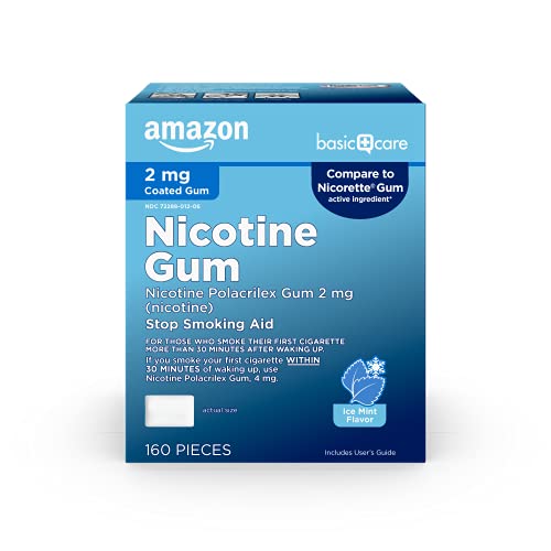 Amazon Basic Care Coated Nicotine Gum 2 mg, Ice Mint Flavor, Stop Smoking Aid, Relieves Nicotine Cravings to Help You Quit Smoking Cigarettes, 160 Count