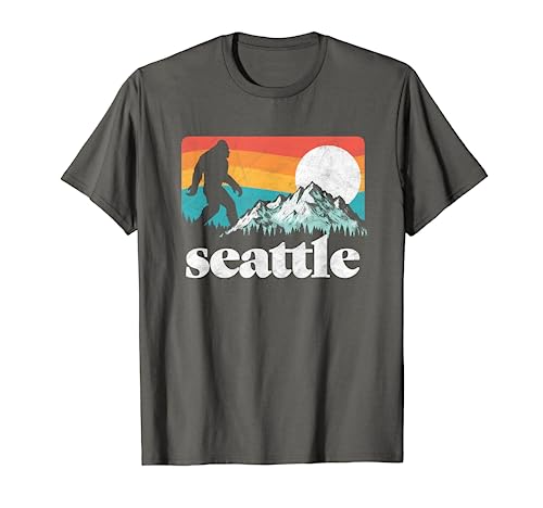 Seattle Washington Bigfoot Mountains Retro Distressed 80s T-Shirt