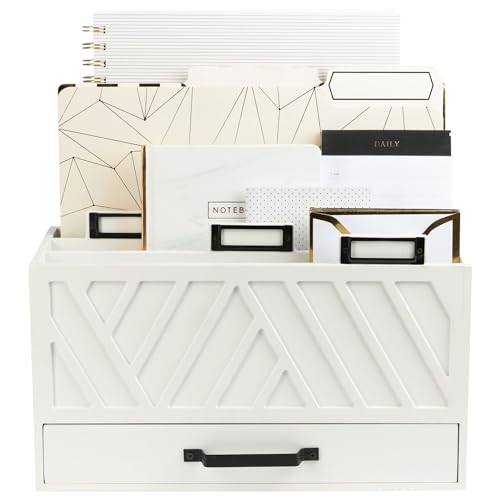 BLU MONACO Mail Organizer for Home - Bill Organizer for Desk - White Wooden Kitchen Mail Organizer Countertop Mail Organizer with Drawer - Mail Holder Countertop Mail Sorter - Mail Organizer for Desk