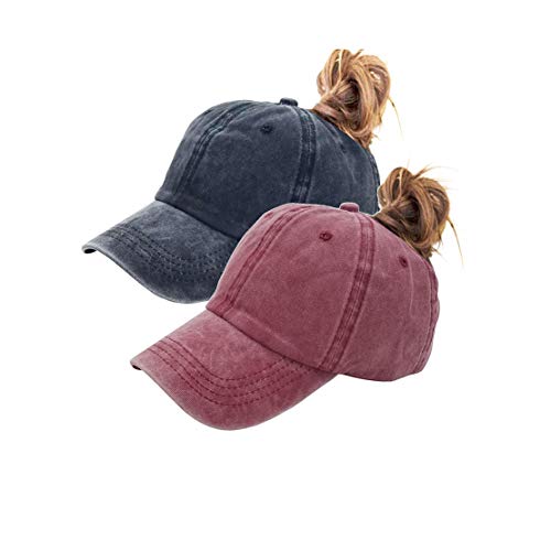 Eohak Ponytail Baseball Hat Distressed Retro Washed Womens Twill