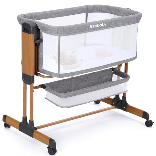 Ezebaby Baby Bassinet, Rocking Bassinet for Baby, Bedside Bassinet with Wheels, Storage Basket, Adjustable 7 Heights and All Mesh Sides, Portable Baby Bassinets Bedside Sleeper for Newborn Infant