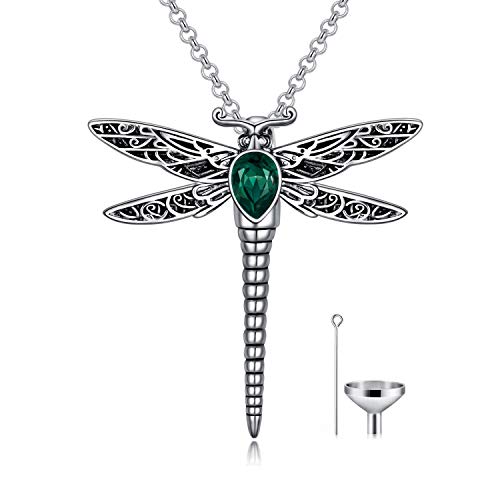 AOBOCO Dragonfly Simulated Emerald Urn Necklace for Ashes Sterling Silver Memorial Keepsake Cremation Jewelry Gifts with Filling Tool