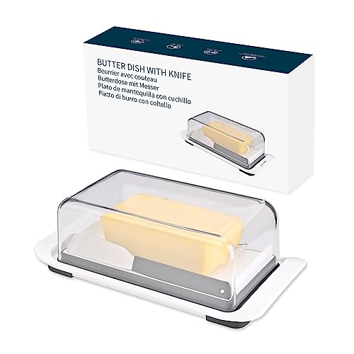 KITCHENDAO Airtight Butter Dish with Lid and Knife Spreader for Countertop and Refrigerator, Keep Butter Fresh, Easy Scoop, Dishwasher Safe, Plastic Butter Keeper Tray for West/ East Coast Butter
