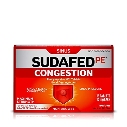 Sudafed PE Congestion and Sinus Pressure Relief Tablets, Non-Drowsy Maximum Strength Nasal Decongestant with Phenylephrine HCI, 18 ct (Pack of 2)