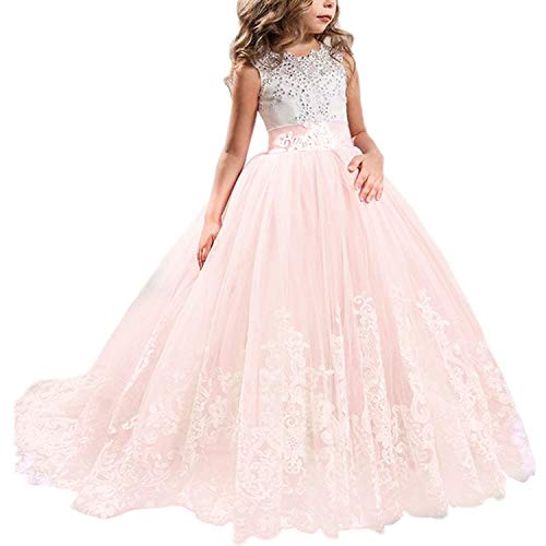 NNJXD Girls Princess Lilac Pageant Long Dress Kids Tulle Prom Ball Gowns Size (150) 10-11 Years Pink