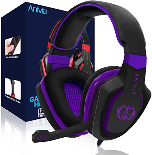 Anivia Computer Over Ear Headphones Wired with Mic Stereo Gaming Headset Noise Isolating Headsets with Volume Control, Bass Surround, Soft Memory Earmuffs for Multi-Platform -AH28plus Black Purple