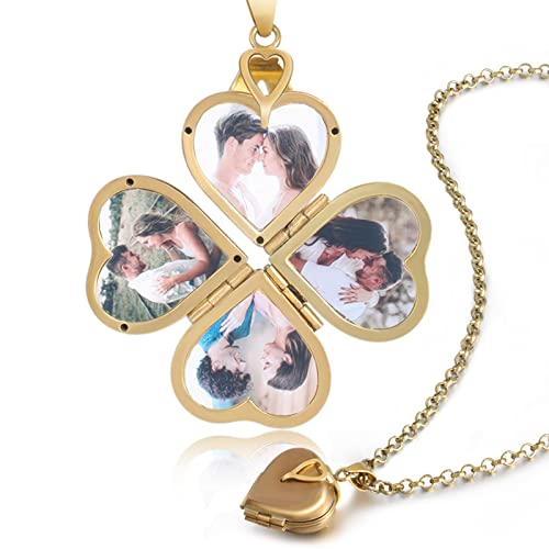 Nobelook Personalized Love Heart Locket Necklace That Holds 4 Photos Customizable Pendant Charms For Women Gold Plated Vintage Necklace for Mother Girls Christmas Birthday Gift Chain Length 31.49' Adjustable (Gold)