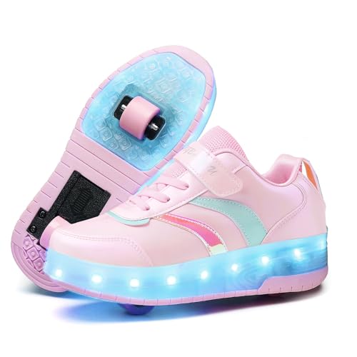 Ufatansy 2 Wheels Roller Shoes for Boy/Girl LED Light Up Roller Skates USB Charge Sneakers Kids Gifts Christmas Day Gift(Size 13,Pink Shoes)