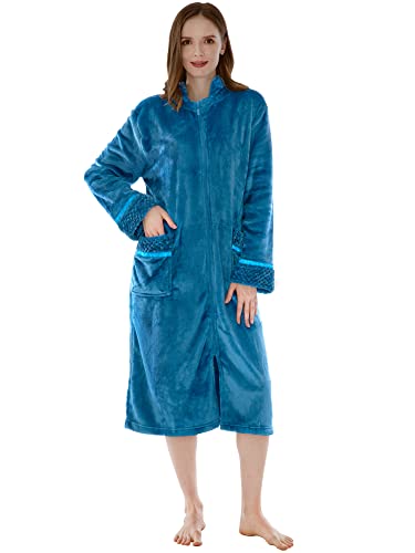 PAVILIA Womens Housecoat Zip Robe, Fleece Zip Up Front Robe Bathrobe, Plush Warm Zipper House Coat Lounger for Women Ladies Elderly with Satin Trim, Pockets, Long - Teal Sea Blue (Large/X-Large)