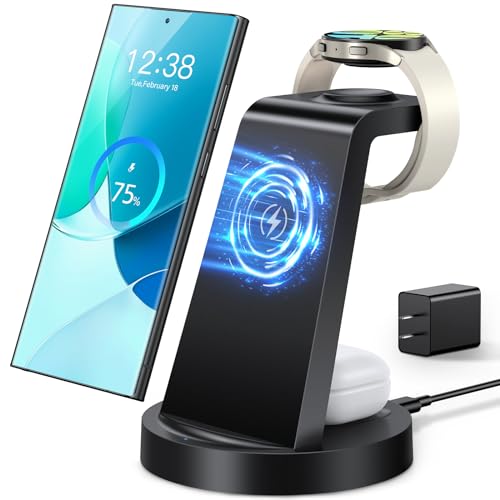 Wireless Charger for Samsung: 3 in 1 Wireless Charging Station for Samsung Galaxy Watch 6 5 4 3 Pro Classic Galaxy Buds - Charger Dock Stand for S24 Ultra S23 S22 S21 S20 Note 20 10 Z Fold Android