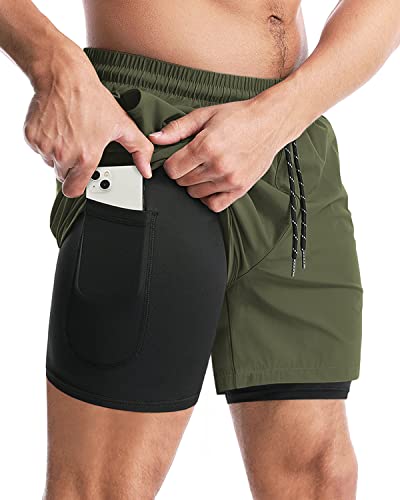Aolesy Men’s 2 in 1 Running Shorts 5 Inch Workout Gym Athletic Shorts for Men Quick Dry Lightweight Training Shorts with Pockets Olive Green
