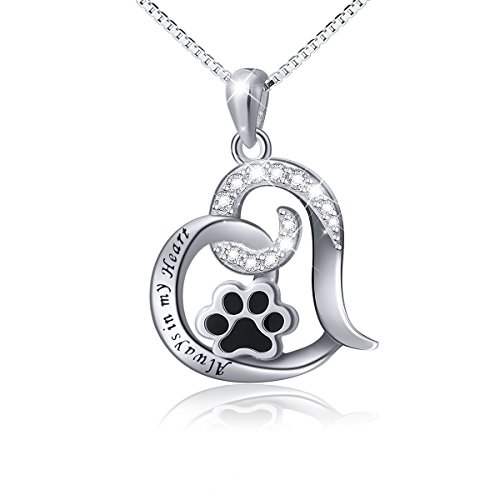 FLYOW Paw Necklace 925 Sterling Silver Always in My Heart Cute Puppy Paw Print Love Heart Pendant Necklace Memorial Gift for Women Girls, 18'