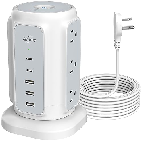 USB C Flat Plug Power Strip Tower with 2 USB-C and 3 USB-A Ports, AiJoy 6.5 FT Ultra Thin Extension Cord with Multiple Outlets, 1200J Surge Protector with 9 AC Ports, Office Supplies, Dorm Essentials