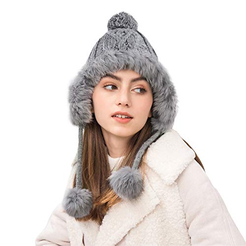 DOCILA Womens Soft Cashmere Feel Earflap Beanie Urban Grey Stripe Knitted Hat Warm Winter Cable Twist Knit Skully Cap Cute Plush Pom Ear Protection Acrylic Hat