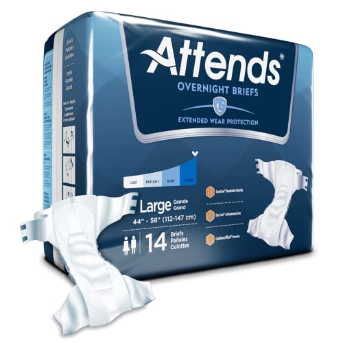 Attends Overnight Briefs with tabs for Adult Incontinence Care with Dry-Lock Containment Core, Overnight Absorbency, Unisex, Large, 14-count (x4)