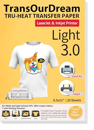 TransOurDream Tru-Heat Transfer Paper for Inkjet & Laserjet Printer (20 Sheets 8.5x11, 3.0) Printable HTV Heat Transfer Vinyl for T Shirts Iron on Transfers for Light Fabrics (TRANS-L3-1-20)