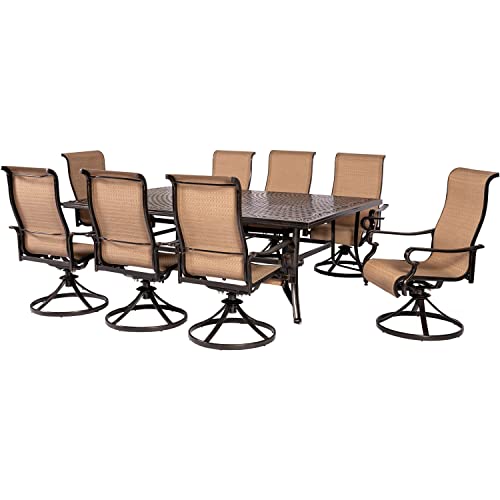 Hanover Brigantine 9-Piece Outdoor Dining Set, Weather-Resistant Outdoor Dining Set for 8 with Rectangular Table and Sling Swivel Rockers for Backyard, Patio, Deck, Porch, Pergola, Poolside