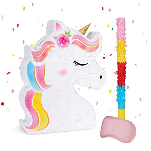 WERNNSAI Unicorn Pinata - Unicorn Party Supplies Pinata Bundle with Blindfold and Bat for Girls Kids Rainbow Unicorn Theme Birthday Party Game Decorations (15.7' x 12.2' x 3.1')